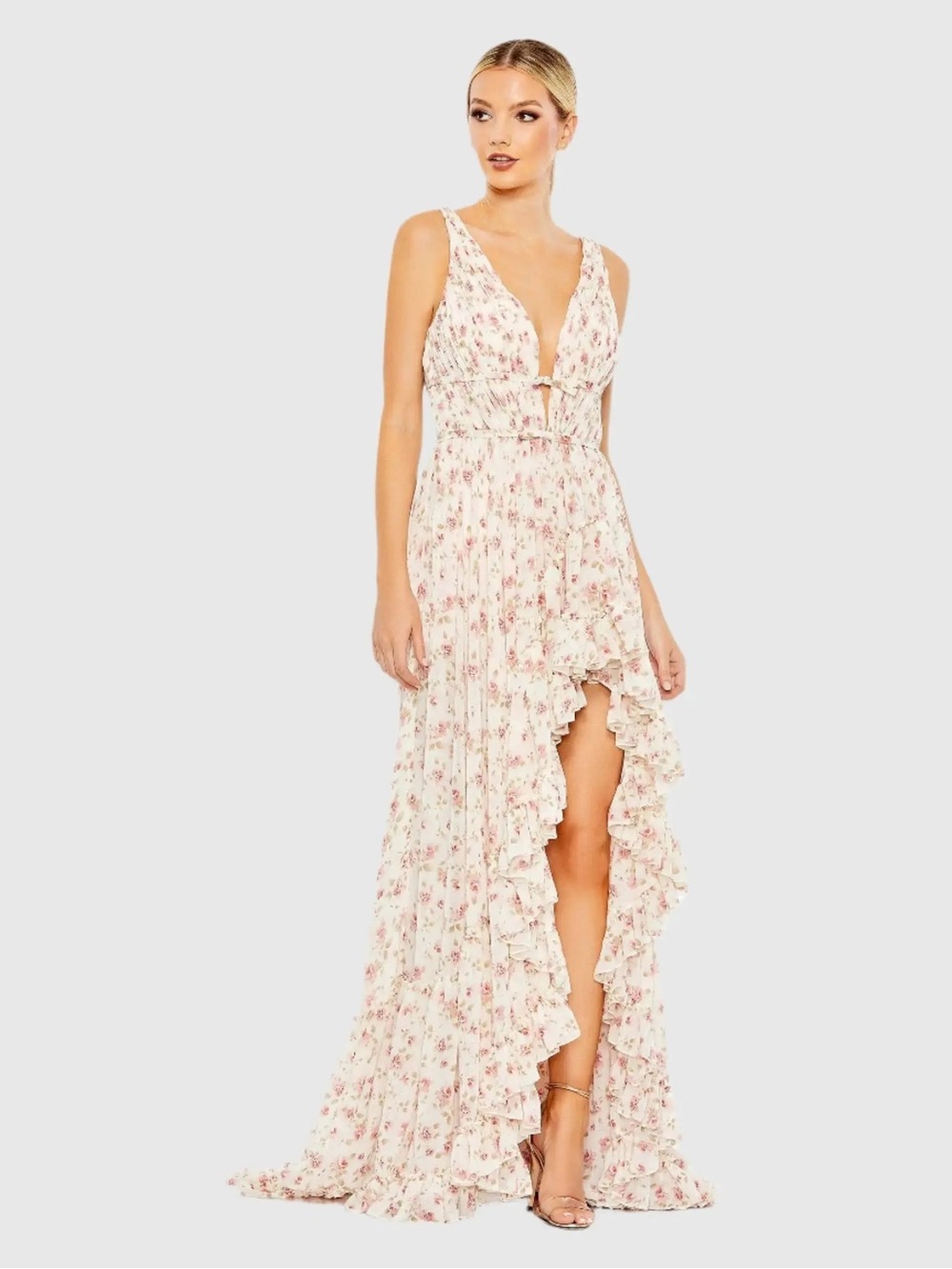 Mac Duggal Cream Floral Ruffle High-Low Gown